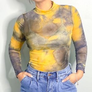 Sheer Tie-Dye Mesh Long Sleeve Top Bodysuit